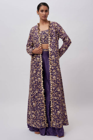 Purple embroidered choli, sharara and jacket