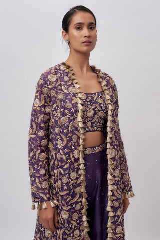 Purple embroidered choli, sharara and jacket