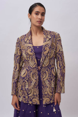 Purple organza blazer with bustier and sharara