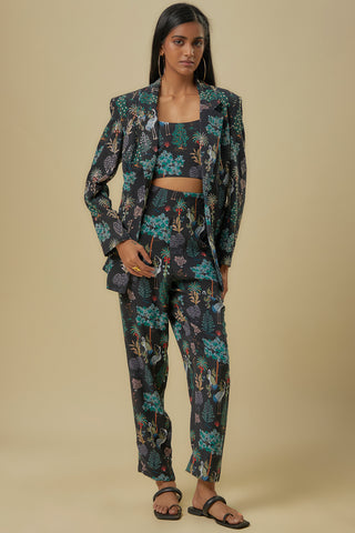 Black crane print jacket and plain bustier with pants