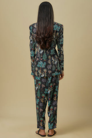 Black crane print jacket and plain bustier with pants