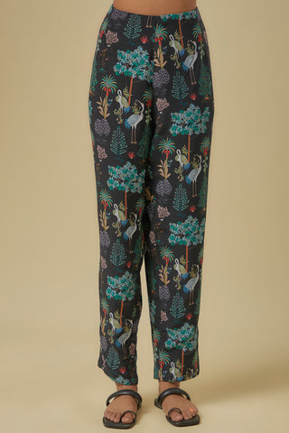 Black crane print jacket and plain bustier with pants