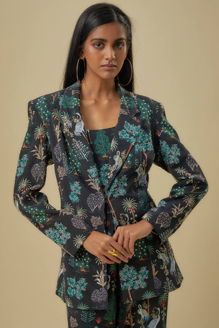 Black crane print jacket and plain bustier with pants