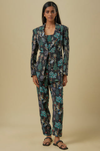 Black crane print jacket and plain bustier with pants