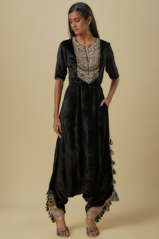 Black velvet embroidered yoke low crotch jumpsuit