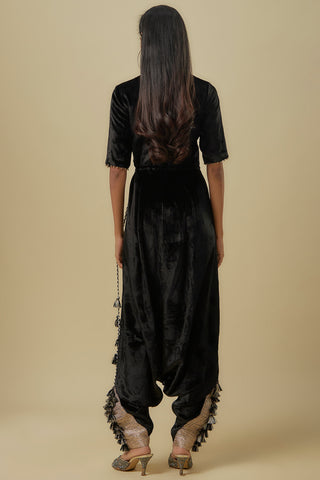 Black velvet embroidered yoke low crotch jumpsuit