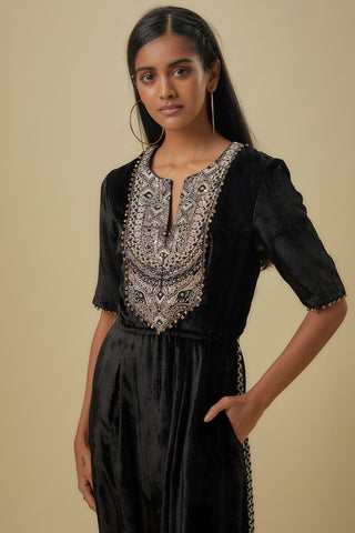 Black velvet embroidered yoke low crotch jumpsuit