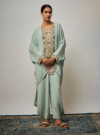 Seafoam embroidered yoke kaftan with pant