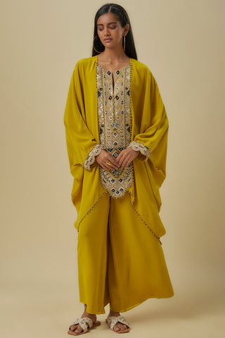 Olive green embroidered yoke kaftan and pants