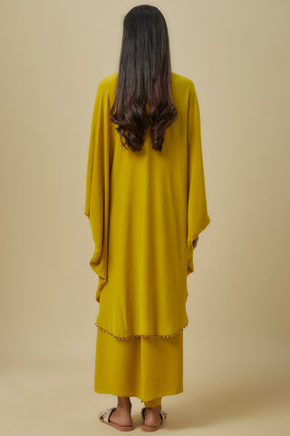 Olive green embroidered yoke kaftan and pants