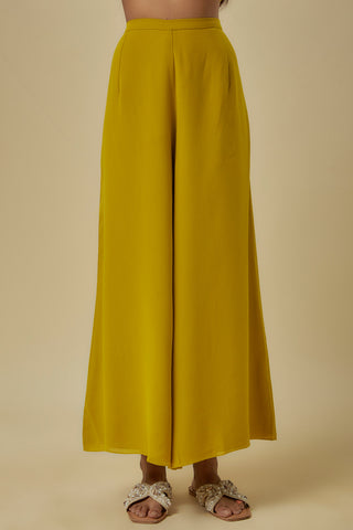 Olive green embroidered yoke kaftan and pants