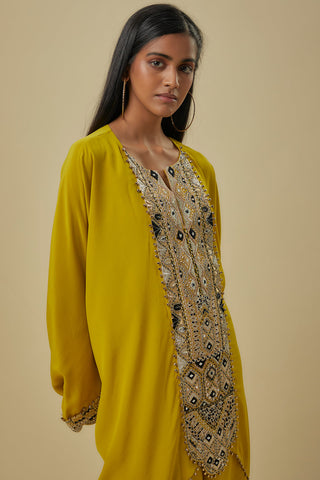 Olive green embroidered yoke kaftan and pants