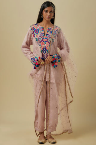 Onion pink stripes chanderi short kurta set