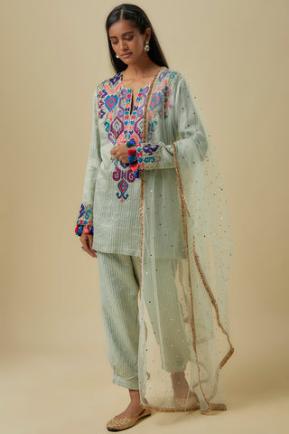 Pale blue gold stripes chanderi short kurta set