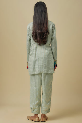 Pale blue gold stripes chanderi short kurta set