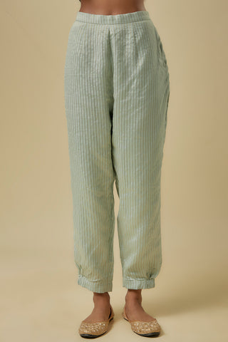 Pale blue gold stripes chanderi short kurta set