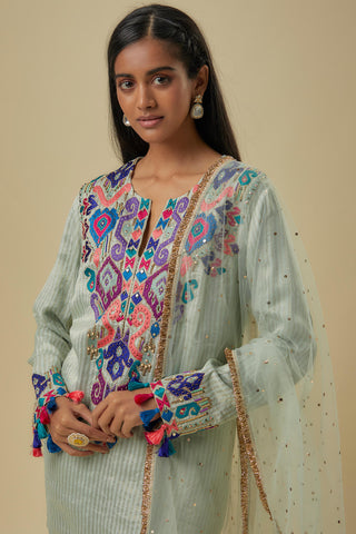 Pale blue gold stripes chanderi short kurta set