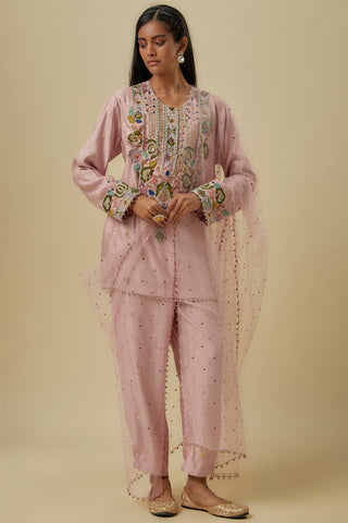 Onion pink brocade butti embroidered kurta set