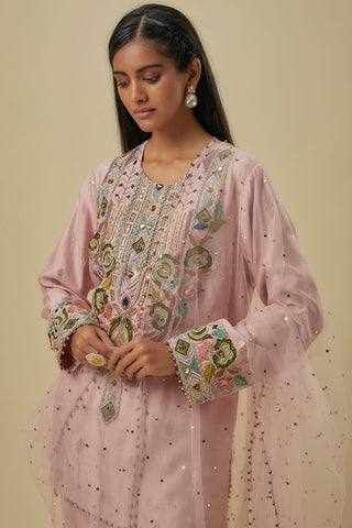 Onion pink brocade butti embroidered kurta set