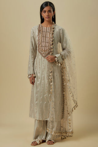 Grey leaf brocade silk kurta set