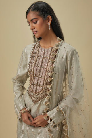 Grey leaf brocade silk kurta set