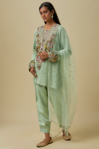 Mint chanderi stripe embroidered kurta set