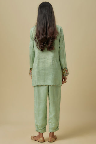 Mint chanderi stripe embroidered kurta set