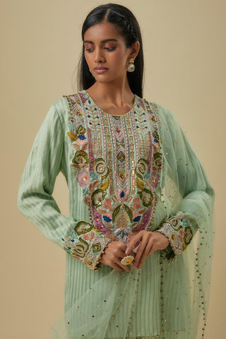 Mint chanderi stripe embroidered kurta set