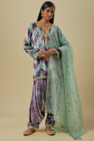 Mint green and purple chevron kurta set