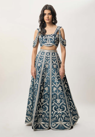 Sahar navy blue velvet lehenga set