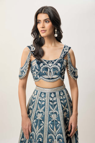 Sahar navy blue velvet lehenga set