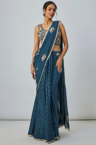 Teal blue embroidered choli and sari