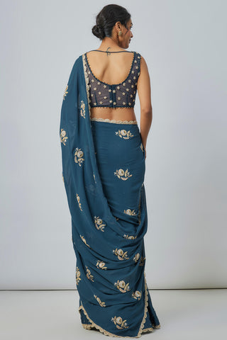 Teal blue embroidered choli and sari