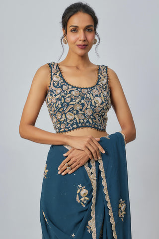 Teal blue embroidered choli and sari
