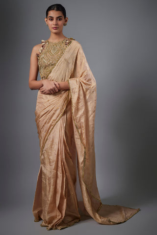 Dull rose embroidered tissue stitched sari and blouse