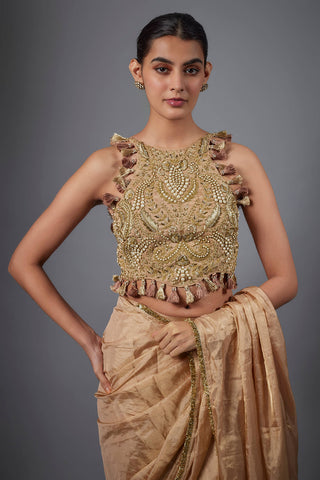Dull rose embroidered tissue stitched sari and blouse