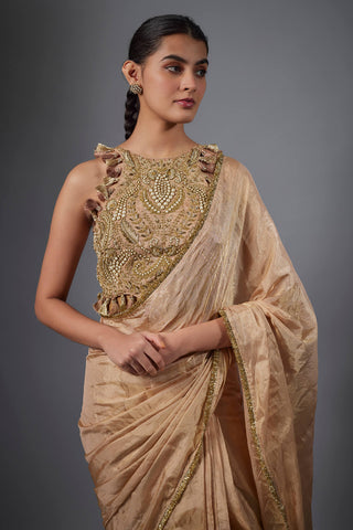 Dull rose embroidered tissue stitched sari and blouse