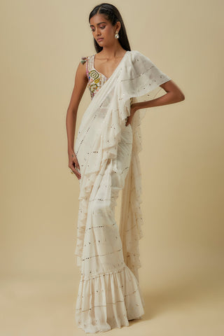 Off-white georgette choli with sari and belt