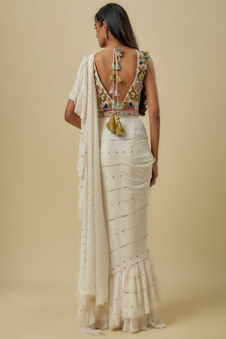 Off-white georgette choli with sari and belt