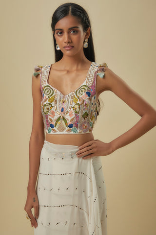 Off-white georgette choli with sari and belt
