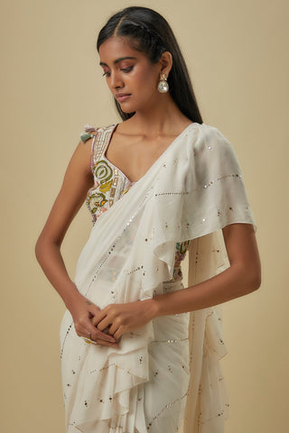 Off-white georgette choli with sari and belt