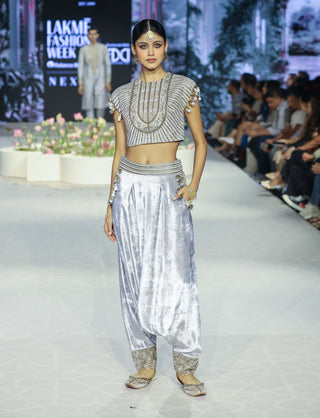 Qirat gray embroidered choli and low crotch pant