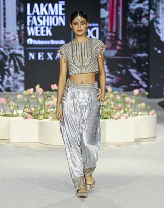 Qirat gray embroidered choli and low crotch pant