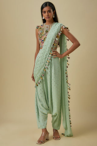 Mint georgette choli and mukaish dhoti sari