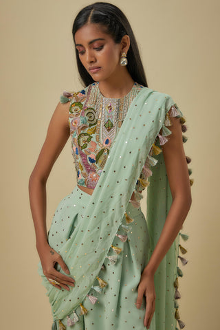 Mint georgette choli and mukaish dhoti sari