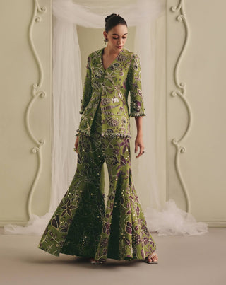 Olive green embellished jacket and flared pants