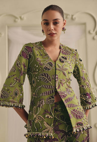 Olive green embellished jacket and flared pants