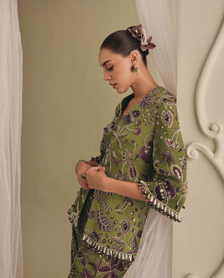 Olive green embellished jacket and flared pants