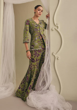 Olive green embellished jacket and flared pants