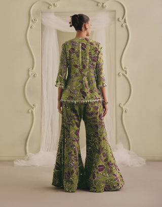 Olive green embellished jacket and flared pants